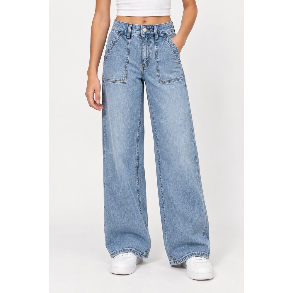 Abercrombie Kids High Rise Wide Leg Jeans 13/14 Long Light Wash Adjustable Waist